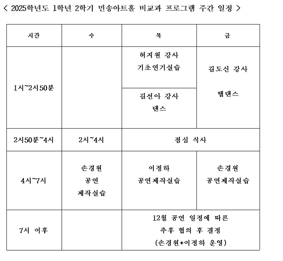 2025학년도 2학기 액팅플러스 시간표