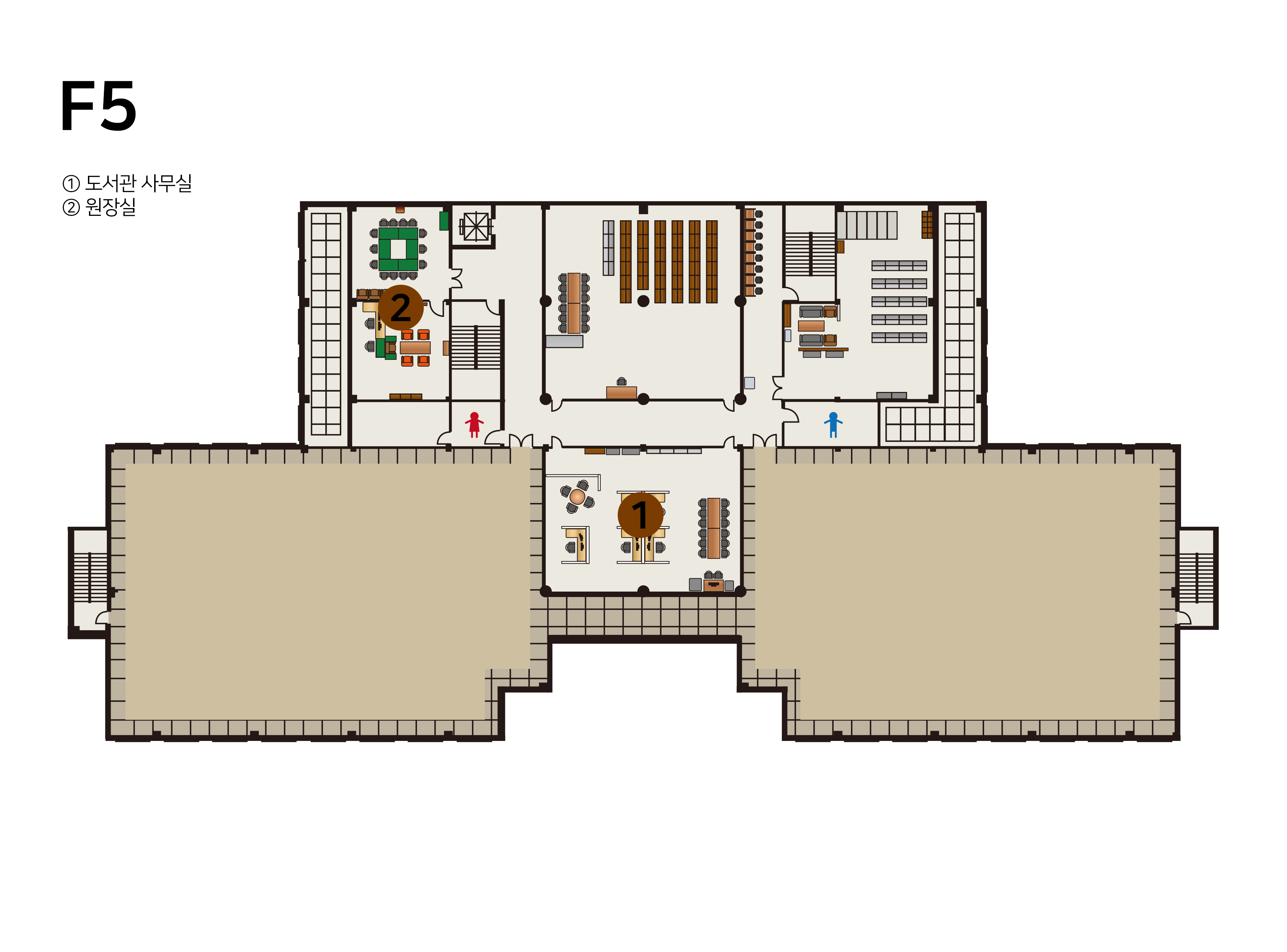 F5층 평면도 이미지로 1.도서관사무실 2.관장실에 대한 위치를 안내합니다.